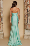 Mint Green Satin Mermaid Sweetheart Ruched Long Bridesmaid Dress with Slit