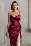 Burgundy Sheath Satin Ruched Spaghetti Straps Long Bridesmaid Dress with Slit