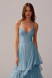 Dusty Blue A Line Chiffon Spaghetti Straps Long Bridesmaid Dress with Ruffles