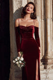 Burgundy Velvet Cold Shoulder Sheath Long Sleeves Bridesmaid Dress with Slit