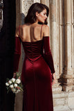 Burgundy Velvet Cold Shoulder Sheath Long Sleeves Bridesmaid Dress with Slit