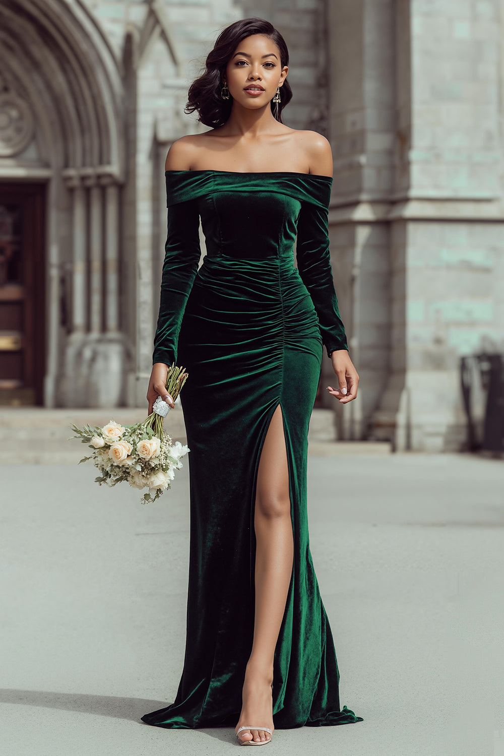 Pine Velvet Off The Shoulder Sheath Long Bridesmaid Dress with Sleeves
