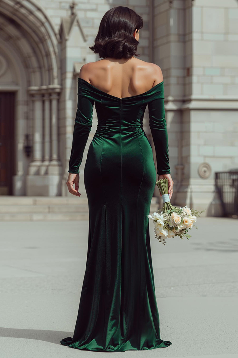 Pine Velvet Off The Shoulder Sheath Long Bridesmaid Dress with Sleeves
