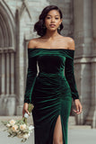 Pine Velvet Off The Shoulder Sheath Long Bridesmaid Dress with Sleeves