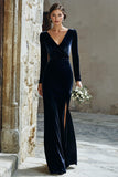 Navy Sheath Velvet V-Neck Long Sleeves Bridemaid Dress with Slit