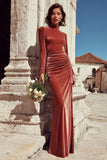 Terracotta High Neck Velvet Sheath Ruched Long Sleeves Bridesmaid Dress