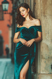 Peacock Green Off The Shoulder Velvet Sheath Long Bridesmaid Dress with Slit
