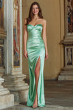 Mint Green Satin Ruched Sweetheart Long Bridesmaid Dress with Slit