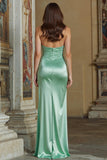 Mint Green Satin Ruched Sweetheart Long Bridesmaid Dress with Slit