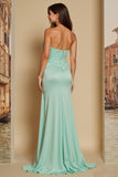 Mint Green Satin Sweetheart Ruched Long Bridesmaid Dress with Slit