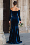 Navy Corset Off the Shoulder Sheath Maxi Bridesmaid Dress with Slit