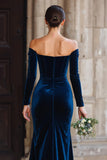 Navy Corset Off the Shoulder Sheath Maxi Bridesmaid Dress with Slit