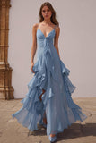 Dusty Blue A Line Ruffled Spaghetti Straps Long Bridesmaid Dress