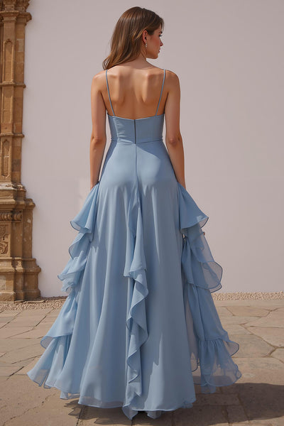 Zapaka Women Dusty Blue A Line Long Bridesmaid Dress with Slit Ruffled Spaghetti Straps Tiered Wedding Guest Dress, Grey Blue / US16W Zapaka Women Dusty Blue A Line Long Bridesmaid Dress with Slit Ruffled Spaghetti Straps Tiered Wedding Guest Dress, Grey Blue / US16W