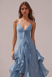 Dusty Blue A Line Ruffled Spaghetti Straps Long Bridesmaid Dress