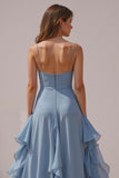 Dusty Blue A Line Ruffled Spaghetti Straps Long Bridesmaid Dress