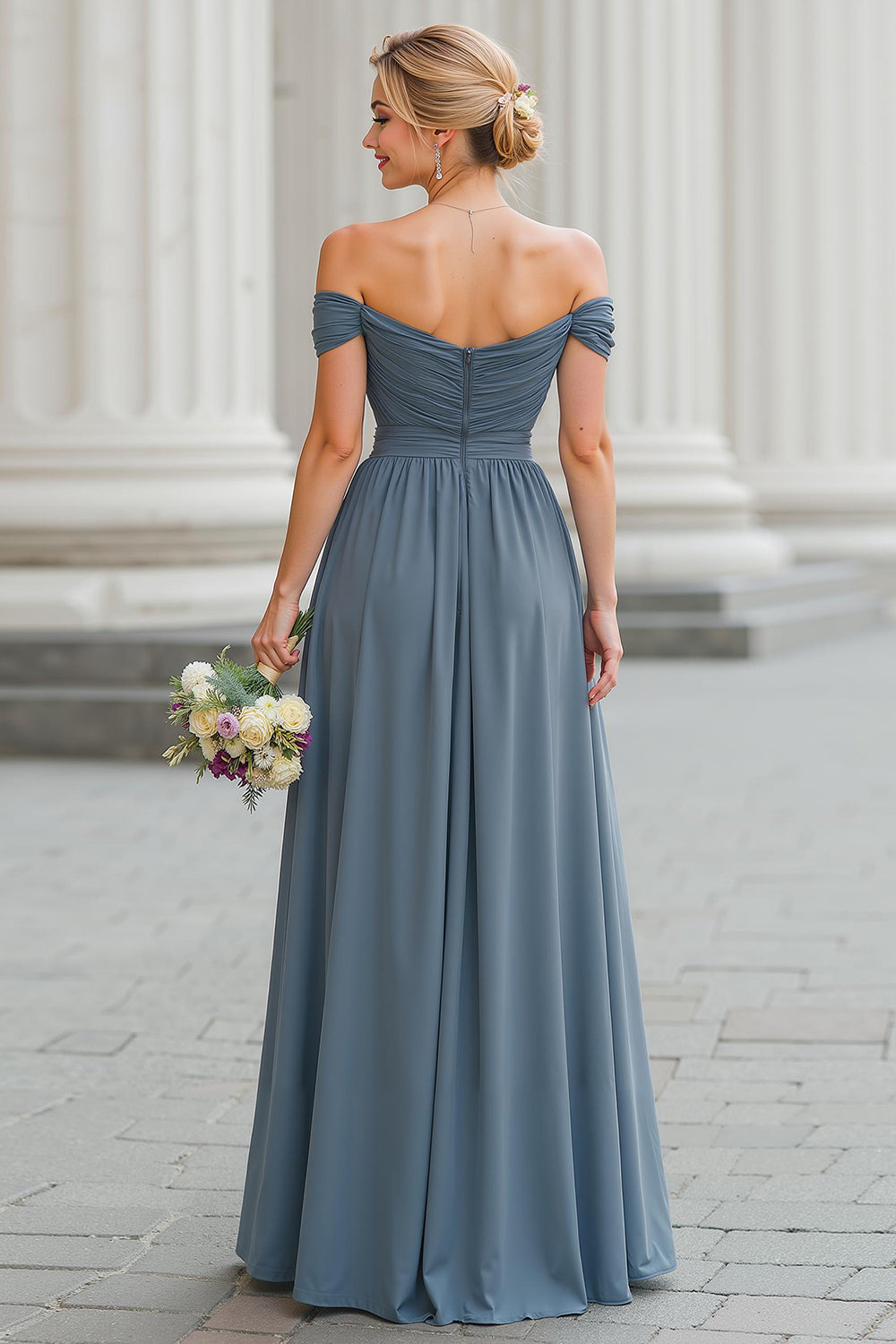 Twilight A Line Off the Shoulder Maxi Bridesmaid Dress with Slit