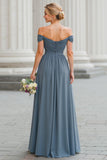 Twilight A Line Off the Shoulder Maxi Bridesmaid Dress with Slit