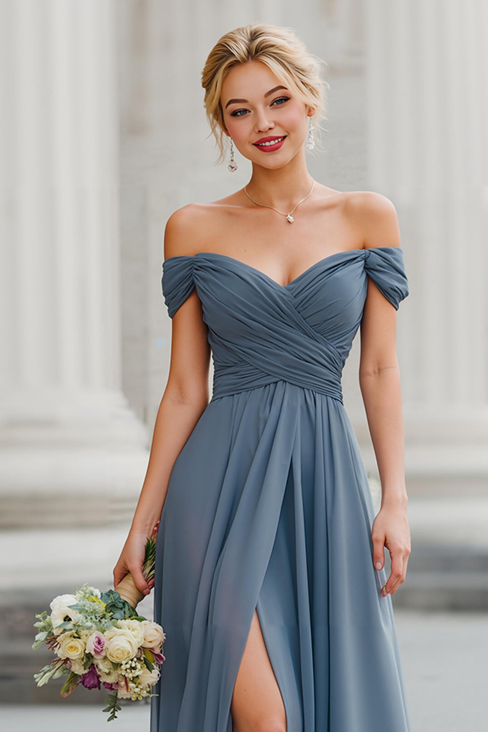 Twilight A Line Off the Shoulder Maxi Bridesmaid Dress with Slit