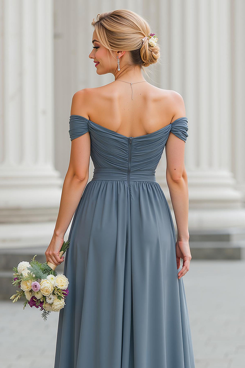 Twilight A Line Off the Shoulder Maxi Bridesmaid Dress with Slit