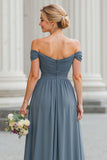 Twilight A Line Off the Shoulder Maxi Bridesmaid Dress with Slit