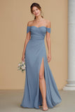 Twilight Maxi A Line Off the Shoulder Bridesmaid Dress with Slit