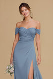 Twilight Maxi A Line Off the Shoulder Bridesmaid Dress with Slit