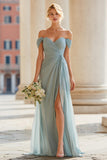 Grey Blue A Line Off the Shoulder Long Bridesmaid Dress with Slit