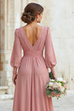 Dusty Rose V-Neck Maxi A Line Bridesmaid Dress with Sleeves