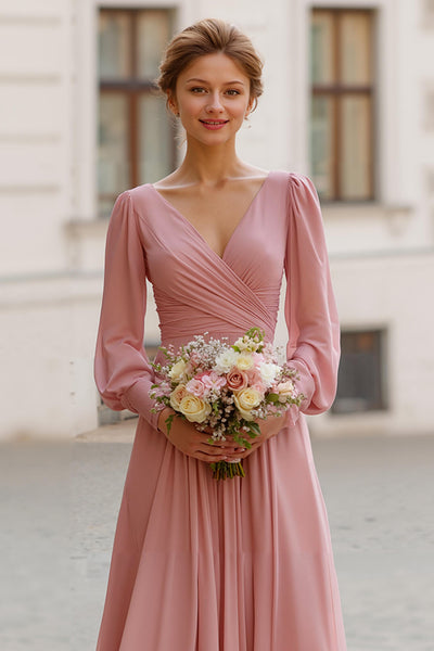 Zapaka Women Dusty Rose Maxi Bridesmaid Dress with Sleeves V-Neck A Line Ruched Wedding Guest Dress, Dusty Rose / US2