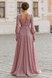 Dusty Rose V-Neck A Line Maxi Bridesmaid Dress with Sleeves