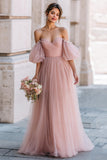 Dusty Rose Long A Line Off the Shoulder Bridesmaid Dress with Sleeves