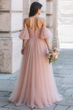 Dusty Rose Long A Line Off the Shoulder Bridesmaid Dress with Sleeves