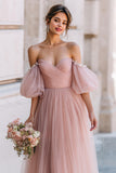 Dusty Rose Long A Line Off the Shoulder Bridesmaid Dress with Sleeves