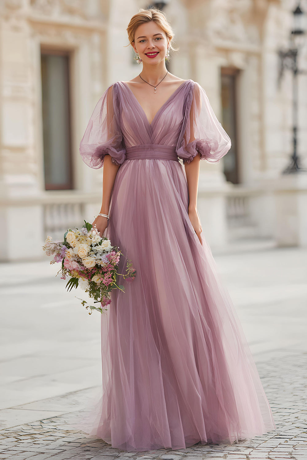 Vintage Mauve V-Neck A Line Long Bridesmaid Dress with Sleeves