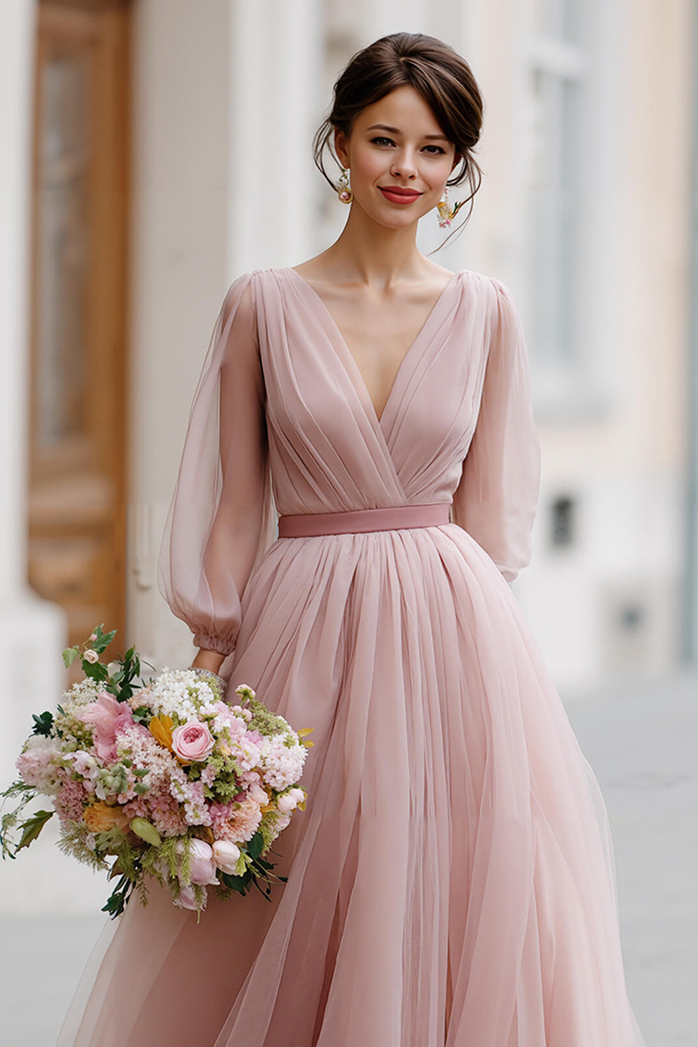 Dusty Rose A Line V-Neck Maxi Bridesmaid Dress with Sleeves