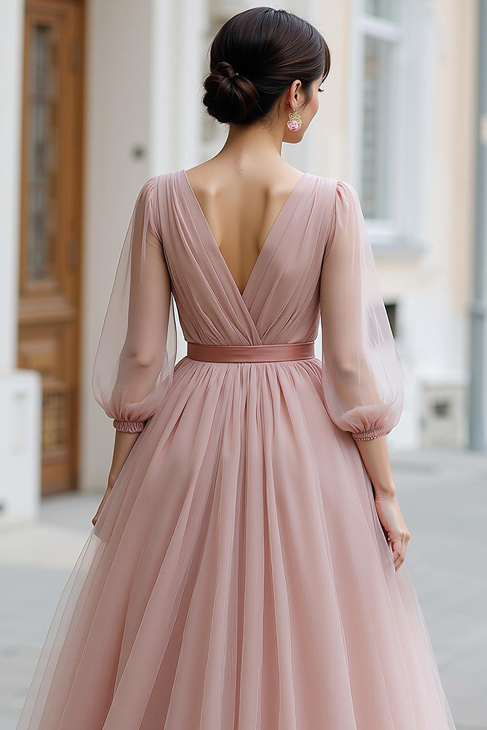 Dusty Rose A Line V-Neck Maxi Bridesmaid Dress with Sleeves