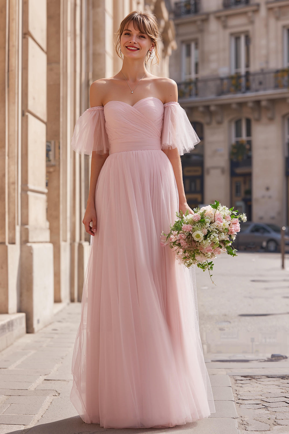 Blush Pink Long Off the Shoulder A Line Bridesmaid Dress