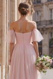 Blush Pink Long Off the Shoulder A Line Bridesmaid Dress
