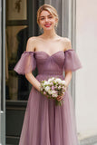 Vintage Mauve Long A Line Off the Shoulder Bridesmaid Dress