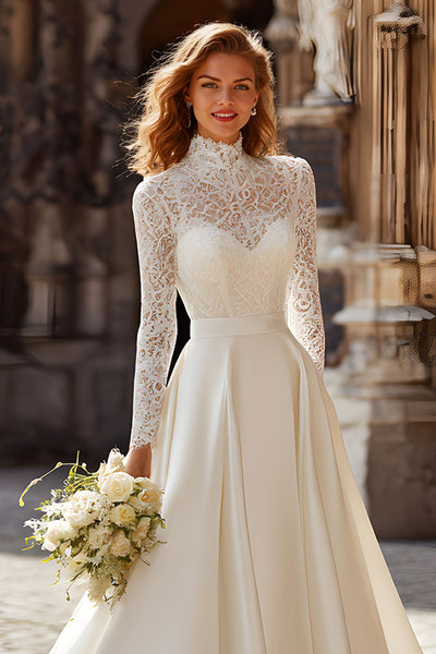 Zapaka Women Ivory Sweep train High Neck Wedding Dress with Sleeves