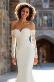 White Mermaid Off the Shoulder Lace Appliqued Sweep Train Wedding Dress