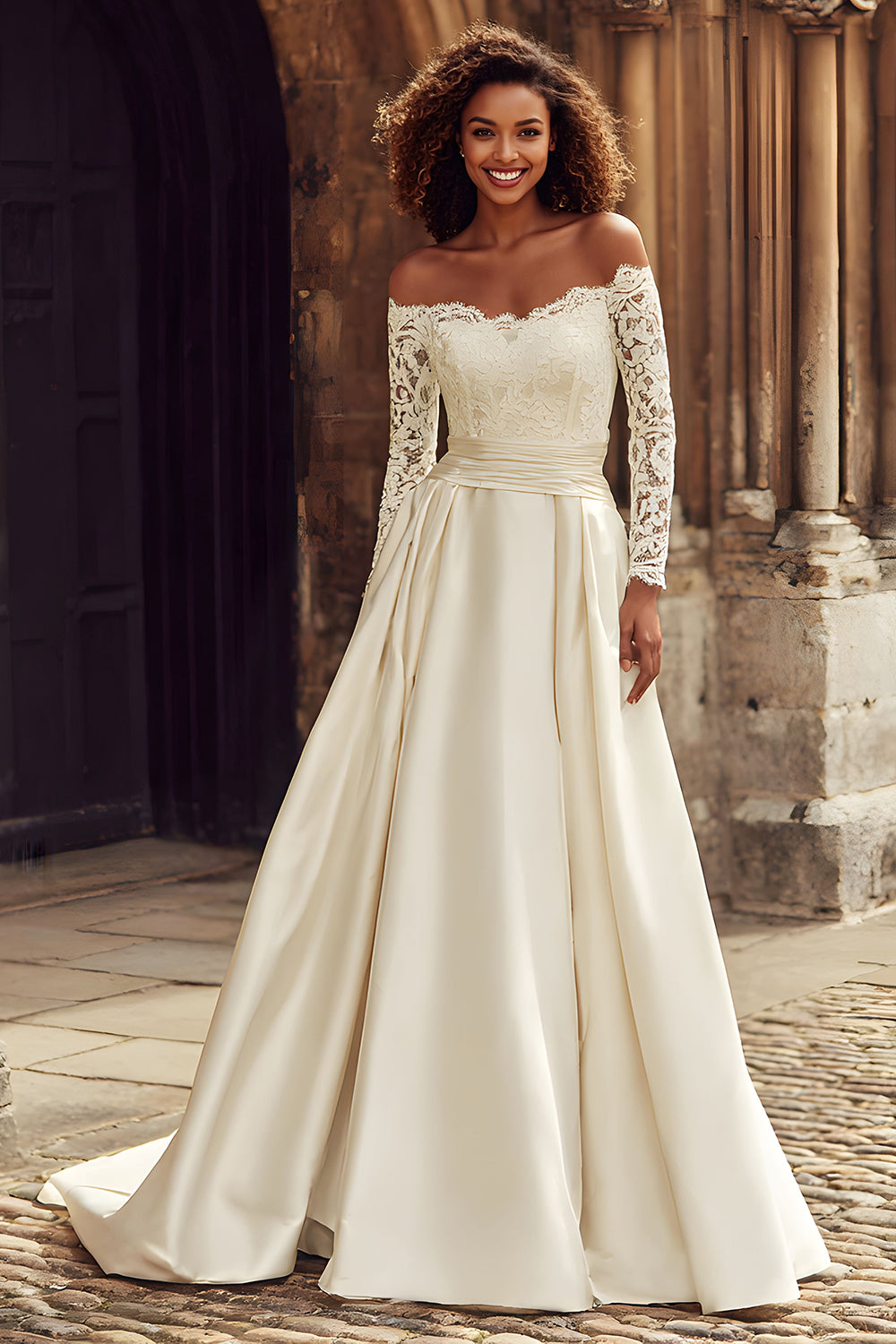 A-Line Off the Shoulder Ivory Lace Appliqued Sweep Train Wedding Dress