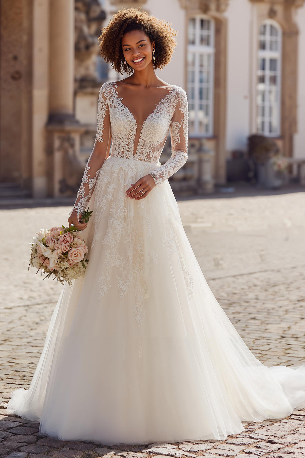 A-Line Ivory V-Neck Lace Appliqued Tulle Court Train Wedding Dress