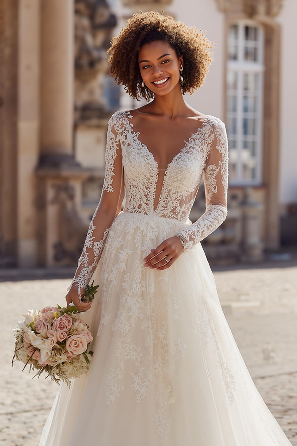 A-Line Ivory V-Neck Lace Appliqued Tulle Court Train Wedding Dress