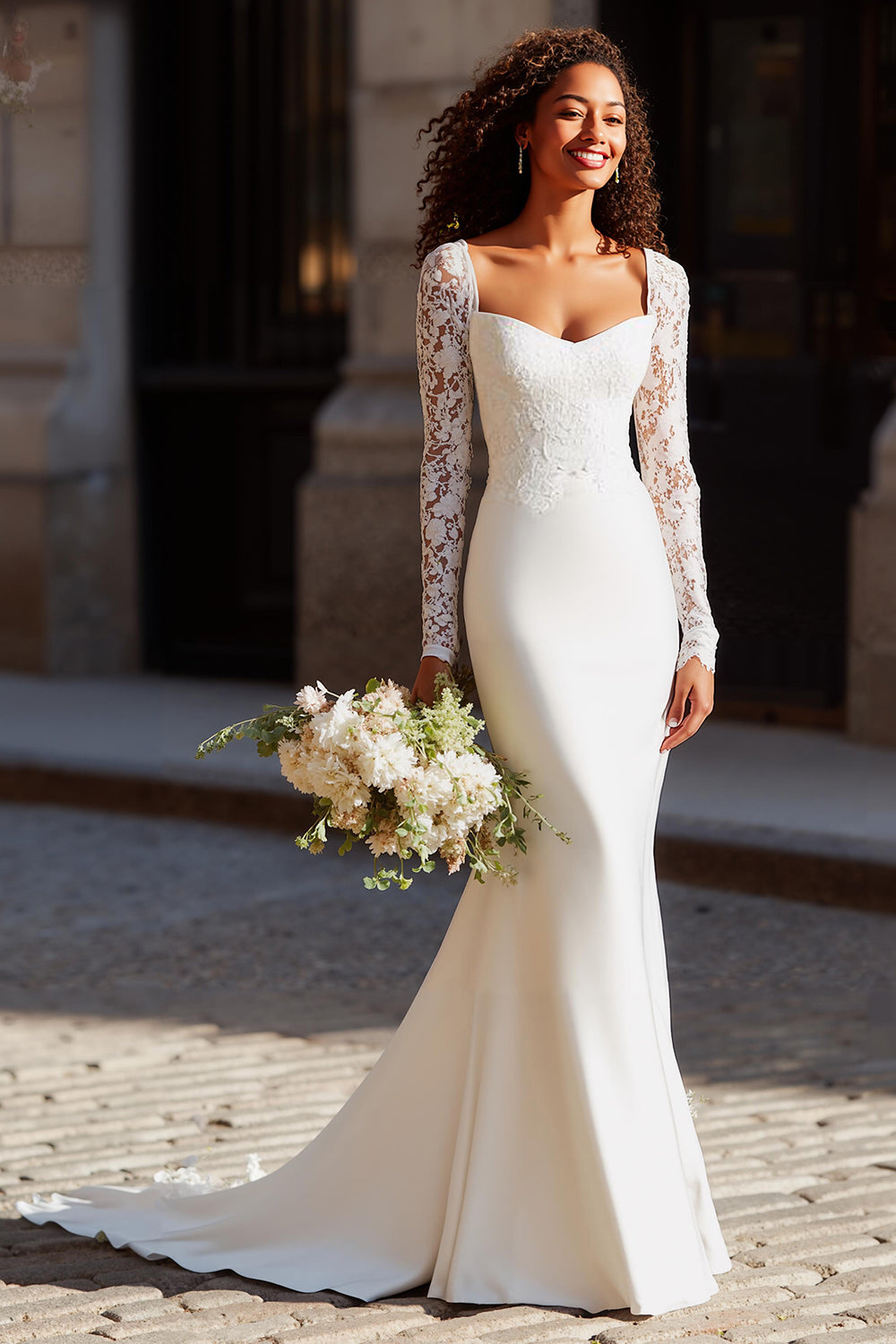 White Mermaid Lace Appliqued Court Train Wedding Dress