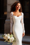 White Mermaid Lace Appliqued Court Train Wedding Dress