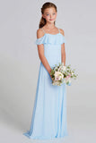 Sky Blue Chiffon A-Line Cold Shoulder Long Junior Bridesmaid Dress