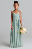 Matcha Spaghetti Straps Chiffon A-Line Long Junior Bridesmaid Dress