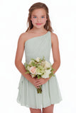 Sage Green A Line Chiffon One Shoulder Short Junior Bridesmaid Dress